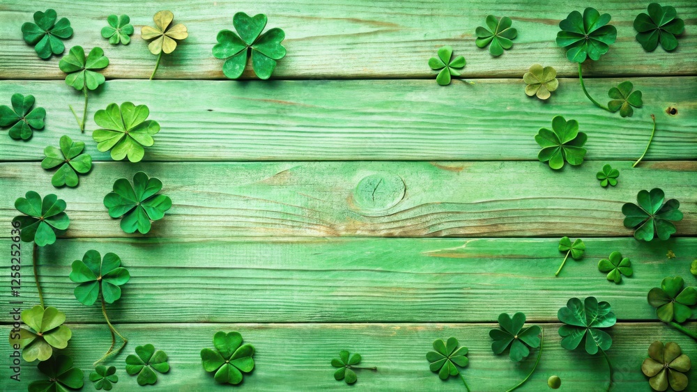 Aufkleber green shamrocks arranged on a rustic green wood surface for a st. patrick's day celebration