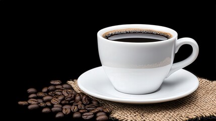 Freshly Brewed Coffee in White Cup with Coffee Beans on Table