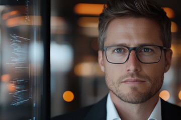 A young professional with glasses stares intently at a digital display, embodying the blend of creativity and analytical skills necessary for success in a technology-driven environment.
