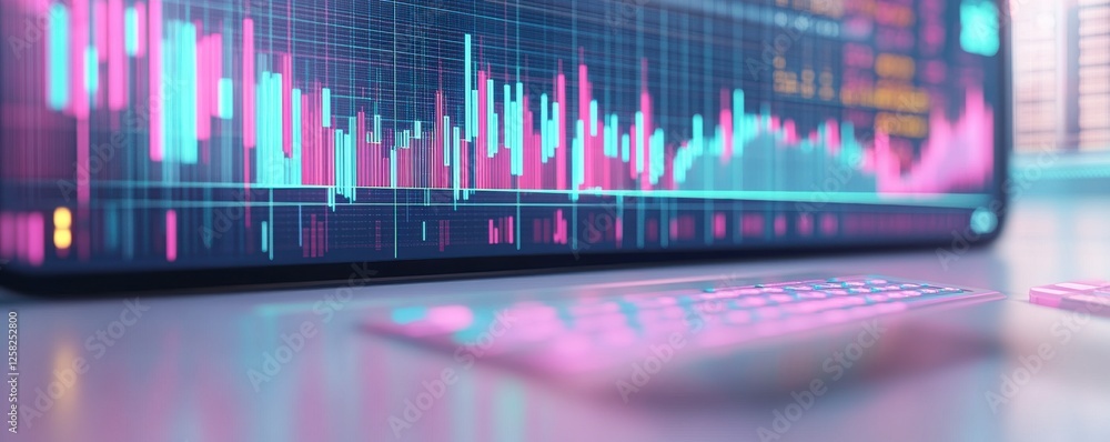 Poster a vibrant digital display shows fluctuating financial graphs and data trends, indicating analysis an