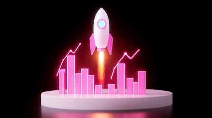 Futuristic Business Analytics, a digital rocket soaring through market trends, minimalist backdrop enhancing clarity, representing innovation and growth in a dynamic environment