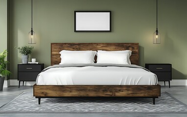Modern bedroom design, green walls, wooden bed, nightstands, rug. Interior design inspiration