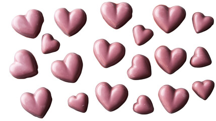 Pink chocolate hearts floating on transparent background