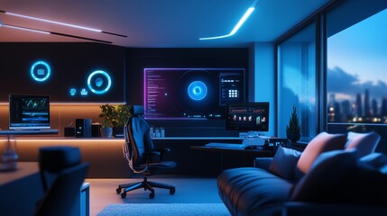 Fototapeta premium AIdriven smart home laboratory with automated assistants, predictive AI research, and holographic workspace interfaces