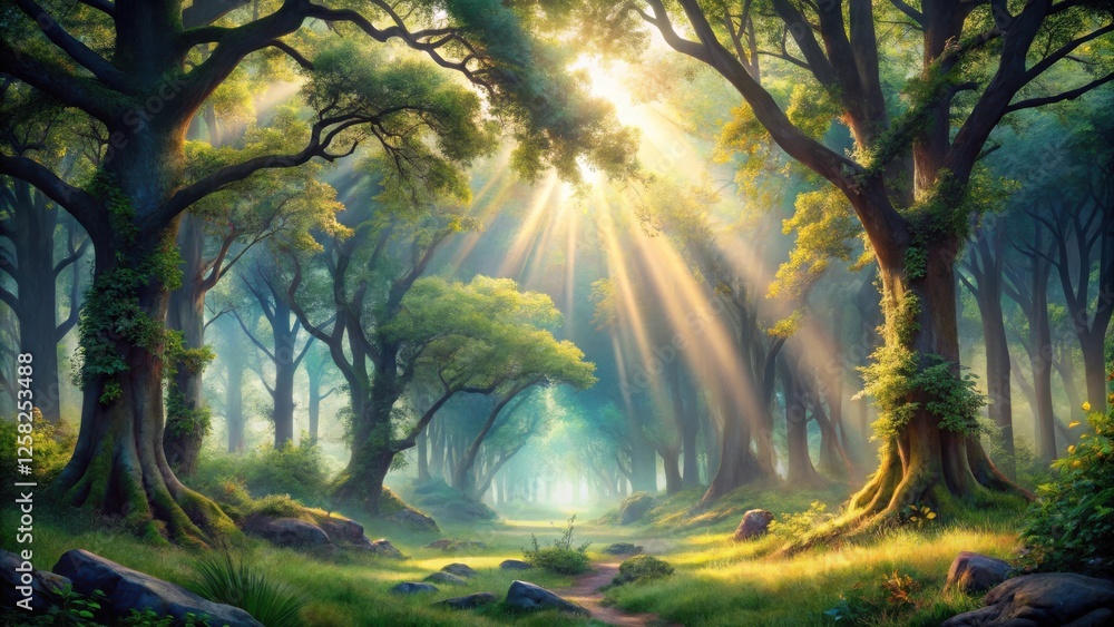 Poster a mystical forest path illuminated by golden sunlight, casting a radiant glow through the dense cano