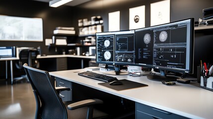 Fototapeta premium AIpowered forensic lab with deeplearning crime analysis, virtual reconstructions, and realtime biometric scanning