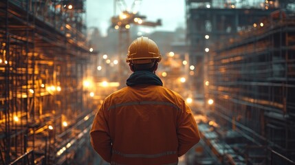 Obraz premium Construction worker overseeing nighttime industrial site progress