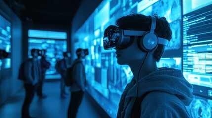 Teenager using VR headset, exploring digital world, data screens background, tech expo