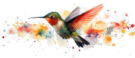 Hummingbird in Flight: A vibrant watercolor painting captures a hummingbird in mid-flight, its iridescent feathers sparkling against a backdrop of colorful watercolor splashes.