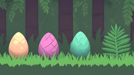 Three Textured Easter Eggs Hidden in Lush Green Grass Among Forest Plants Cartoon Style Design