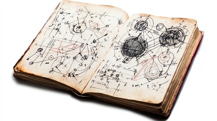 an aged scientist s journal, handdrawn sketches of experimental designs, antique texture, isolated on white background