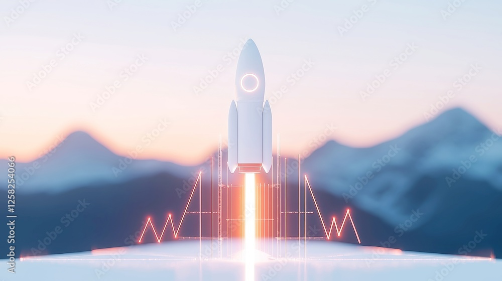 Poster infographic rocket launch with growth metrics, dynamic representation of progress, minimalist backdr