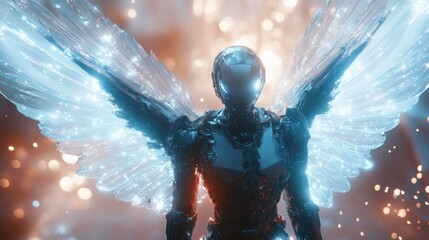 Futuristic Angel, Cyber Wings, Glowing Background, Sci-Fi Artwork