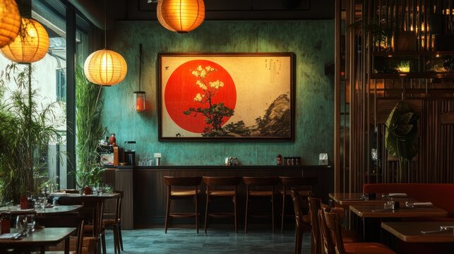 Asian restaurant interior with artwork, tables, and chairs.