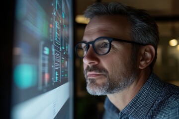 A thoughtful man with glasses is studying a computer screen filled with detailed insights and data visualizations, representing analytical thinking in a sleek work environment.