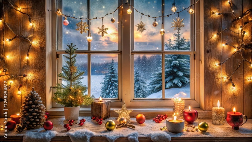 Poster A cozy winter scene with a window view of a snowy forest, adorned with festive lights and candles, creating a warm and inviting atmosphere.