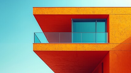 Modern architectural design featuring a vibrant orange building with a glass balcony