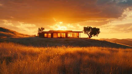 Fototapeta premium Sunset Ranch House Golden Hour Landscape Architecture