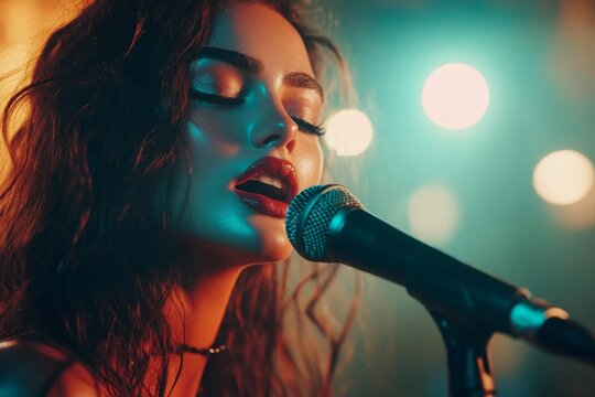 A singing competition where a contestant is passionately performing under bright stage lights