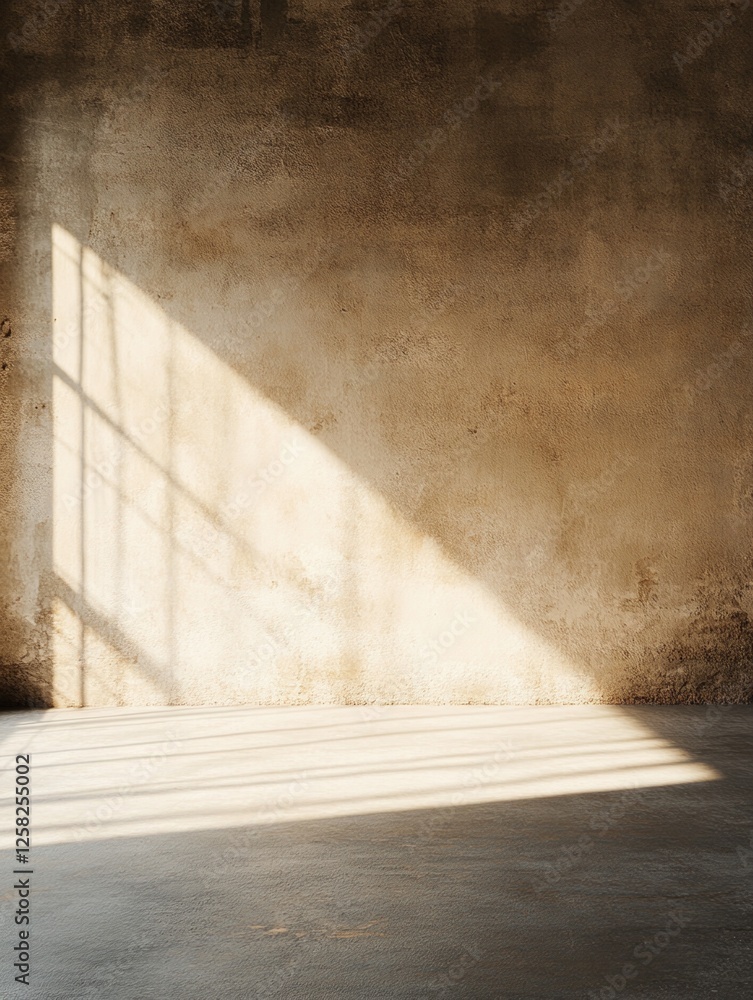 Aufkleber light streams through a window, casting shadows on a textured wall and simple concrete floor.
