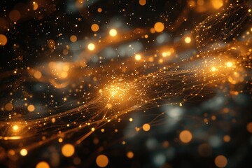 Fototapeta premium Golden cosmic network glowing, dark background, abstract design, website banner