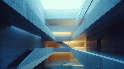 Obraz premium Modern concrete atrium; stairs, walkways, pool; sunrise light; architectural design
