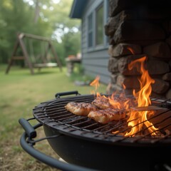 Stone fireplace with sausages grilling on a tray in front of it perfect for rustic and warm themed designs