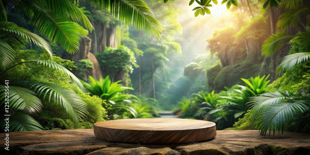 Poster a round wooden platform resting upon rough stone with lush greenery blurring in the background