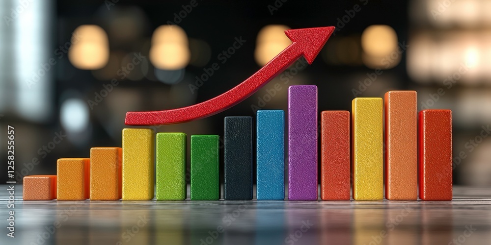 Poster colorful bar graph with upward arrow symbolizing growth and success in business. graph features bars