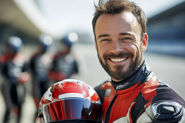 Smiling Racer Holding Helmet in Racing Suit with Team Members in Background, Generative AI