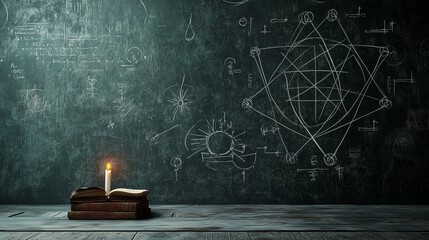 Cryptic occult research chamber with pentagrams drawn in chalk, ancient books left open, and a single candle burning low