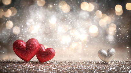 Fototapeta premium Romantic red hearts on wooden surface with glowing light bokeh background