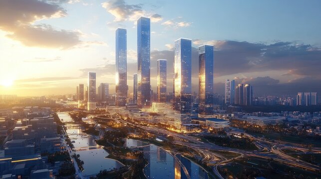 Sunset Aerial Cityscape Modern Towers, River, Development