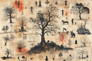 Complex illustration featuring trees, people, animals, and mystical elements in a surreal landscape