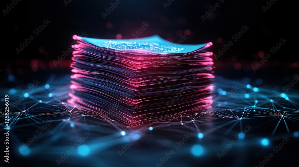 Poster stack of paper documents illuminated by glowing lights with artificial intelligence concept for anal