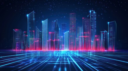 Fototapeta premium Futuristic city skyline with glowing lines and digital effects.