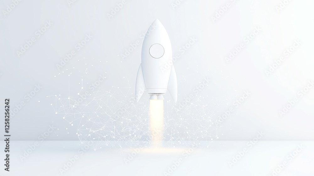 Aufkleber startup ecosystem illustration, featuring interconnected rockets and data streams, minimalist design