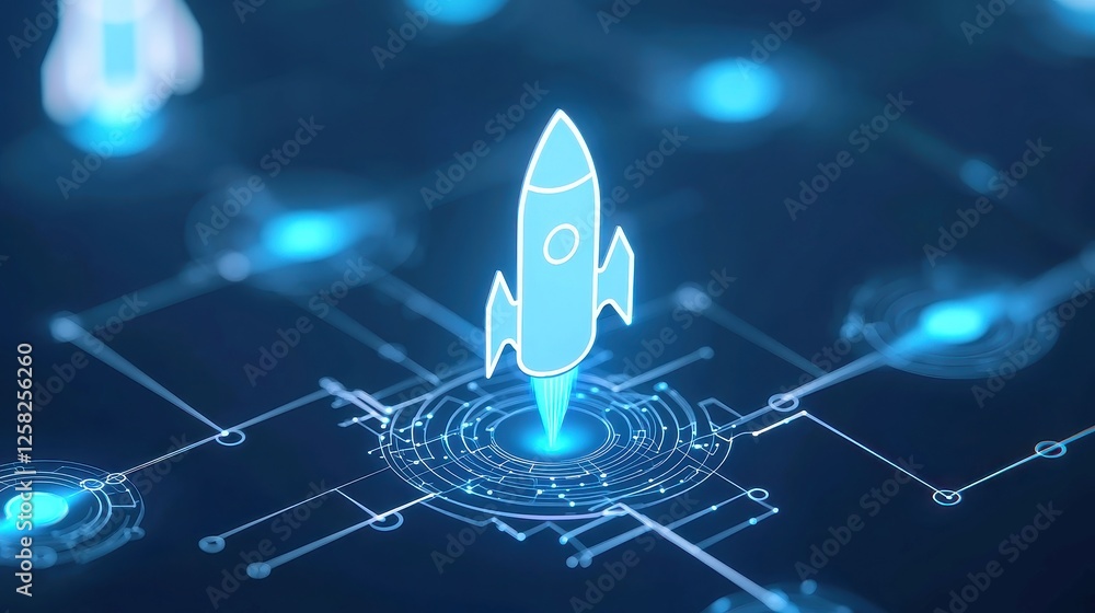 Poster startup ecosystem dynamics, showcasing an interconnected rocket symbolizing innovation and data stre