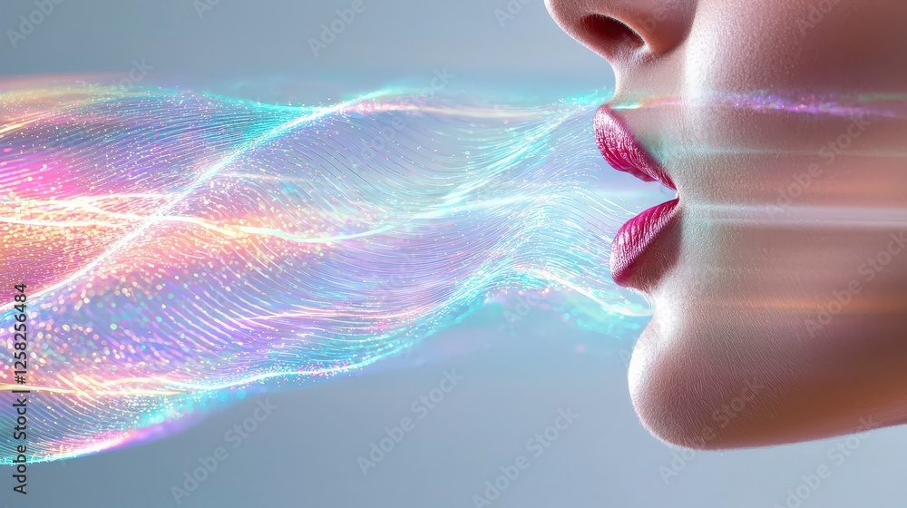 Poster close up of person speaking with colorful sound waves emanating from their mouth, symbolizing commun