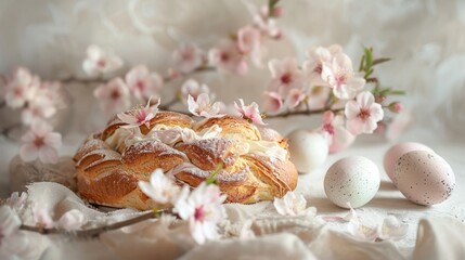 Easter eggs and Sweet Easter Bread composition Product photography background