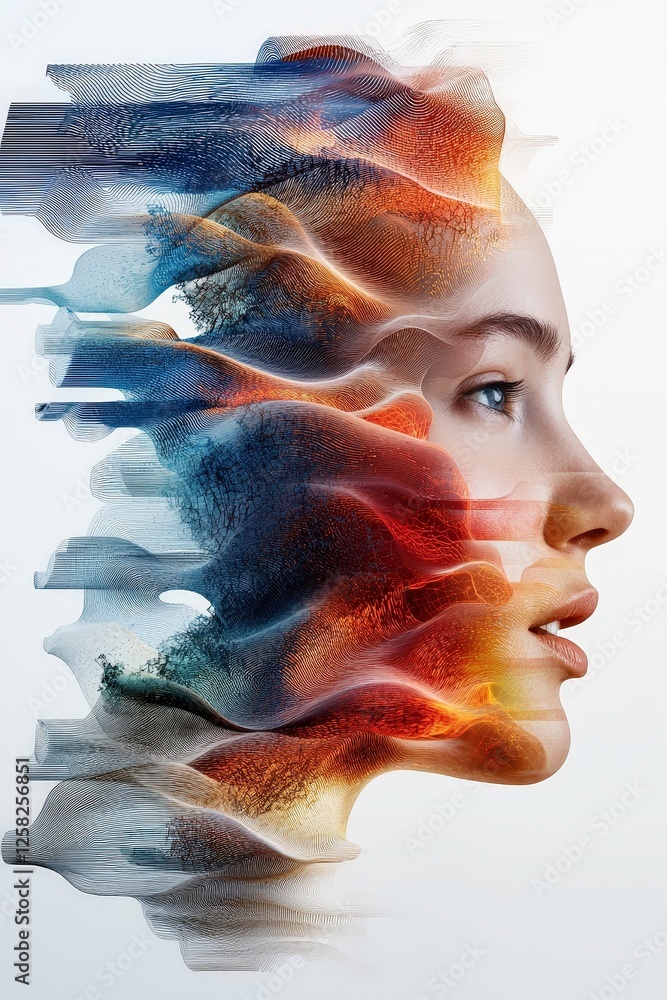 Poster digital artwork of woman face blends with abstract, flowing textures, creating surreal and ethereal 