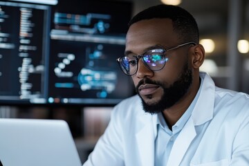 A male scientist in a lab coat intently studies data on computer screens, symbolizing commitment to research and the pursuit of knowledge in a modern laboratory setting.