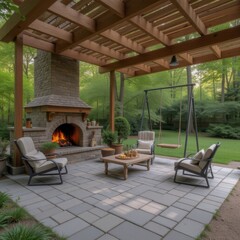 Obraz premium Cozy log cabin porch with a fireplace, swing, and outdoor furniture perfect for relaxing and inviting themed designs