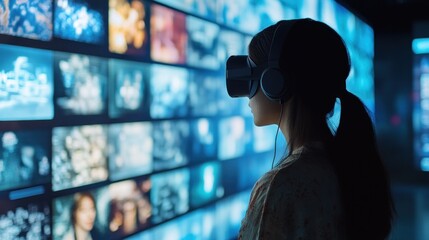 Woman exploring virtual reality, data wall background, future tech