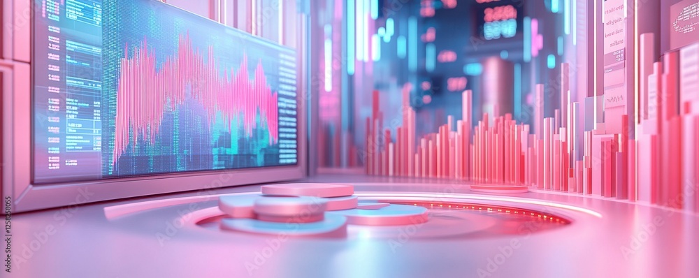 Poster a futuristic digital interface displays vibrant graphs and data trends, highlighting technological a