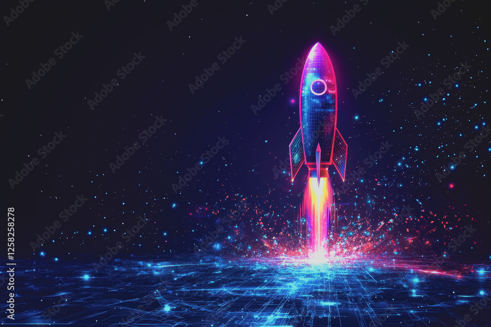 Poster rocket soaring through a digital network of lines representing technology and innovation in aerospac