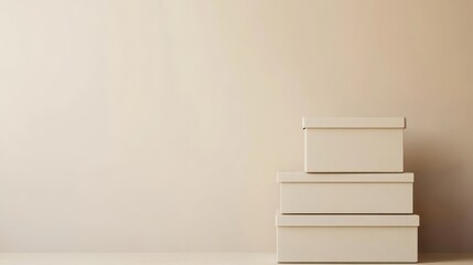 Three Stackable Storage Boxes in Neutral Tones on a Minimalistic Background for Organizing and Home Decor Inspiration