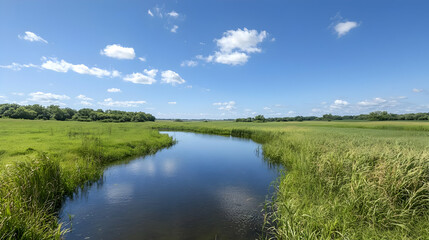 Serene river meanders through summer meadow, clear sky