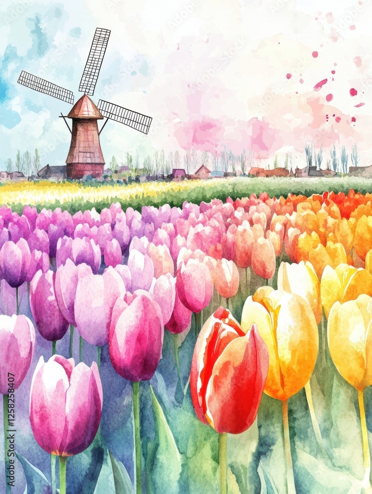 Aufkleber vibrant watercolor illustration of tulip fields with windmill and spring colors in a delightful land