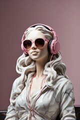 Epic marble statue of a woman wearing pink headphones and stylish sunglasses